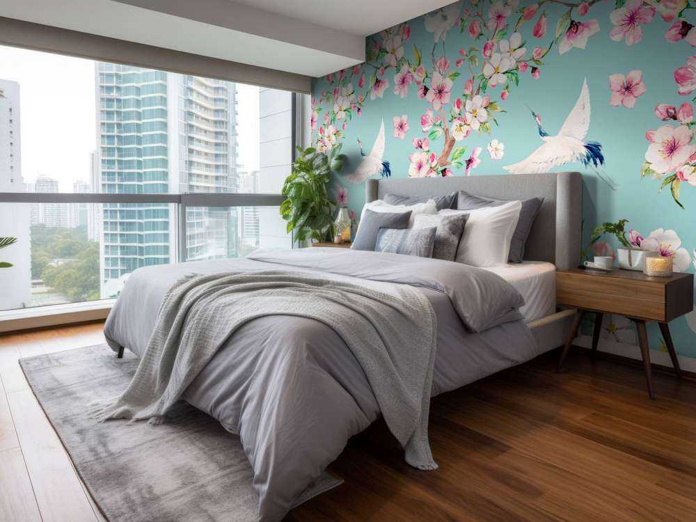 Gru tra i fiori rosa