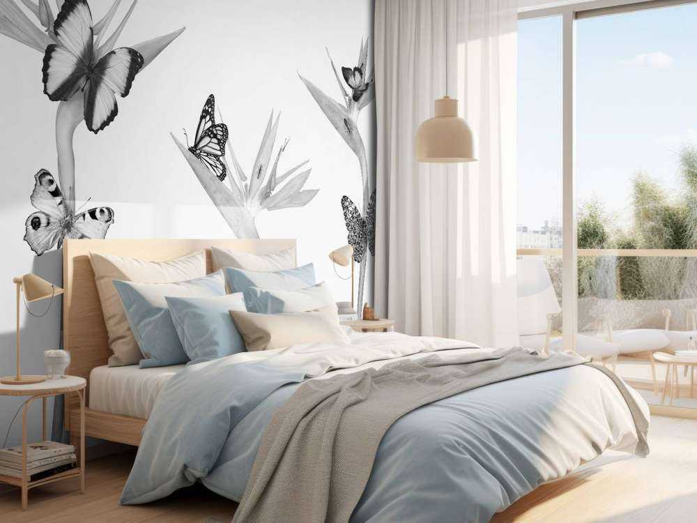 Farfalle su fiori di uccello del paradiso