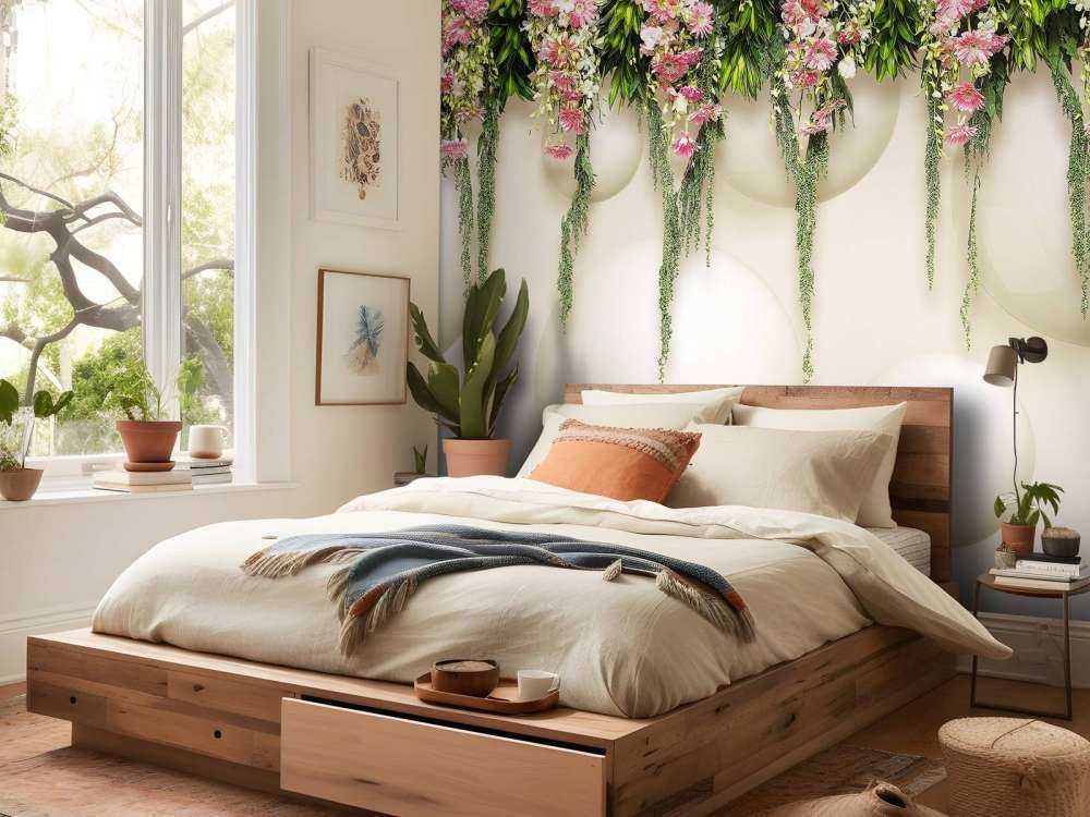 Colgando flores rosas en la pared 3D