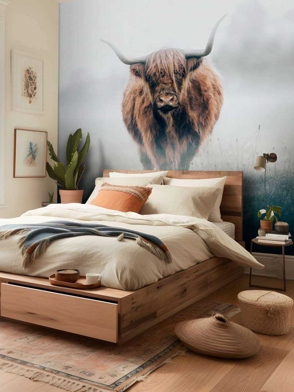 Highlander scozzese in una fitta nebbia