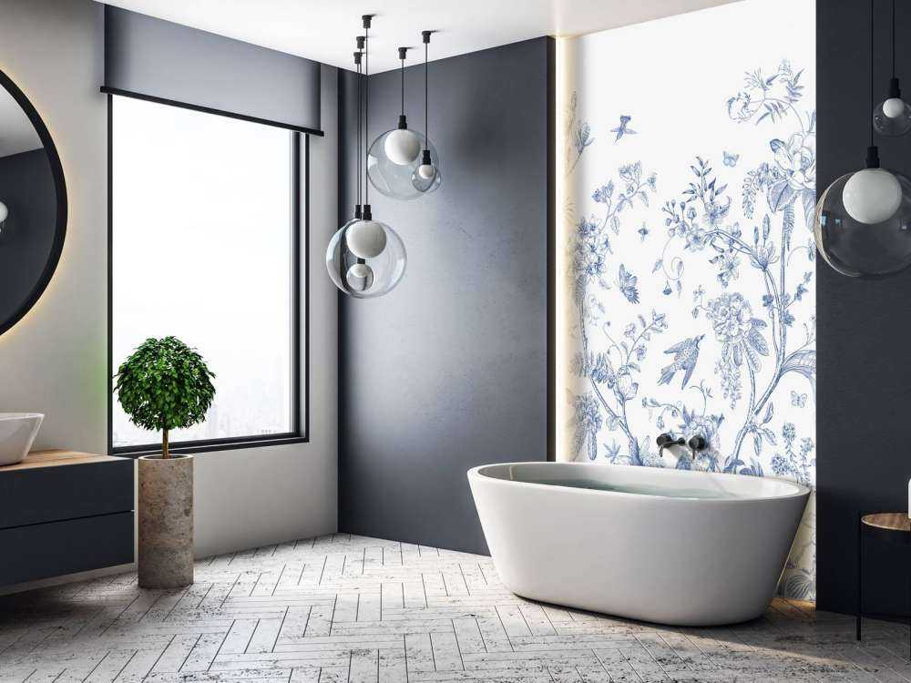 Illustrazione floreale, blu e bianco