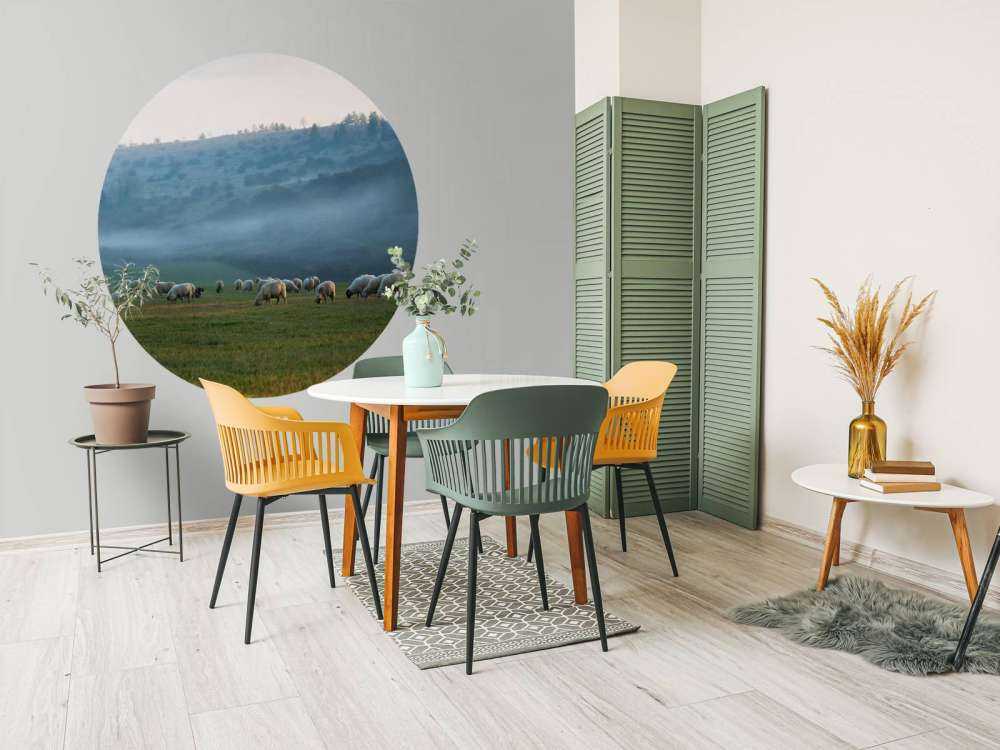 Gregge di pecore con paesaggio nebbioso