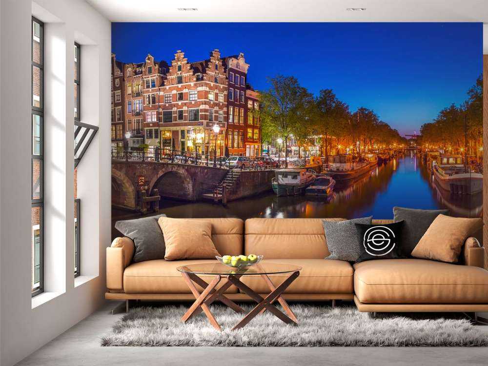 Evening view of Amsterdam city and canals