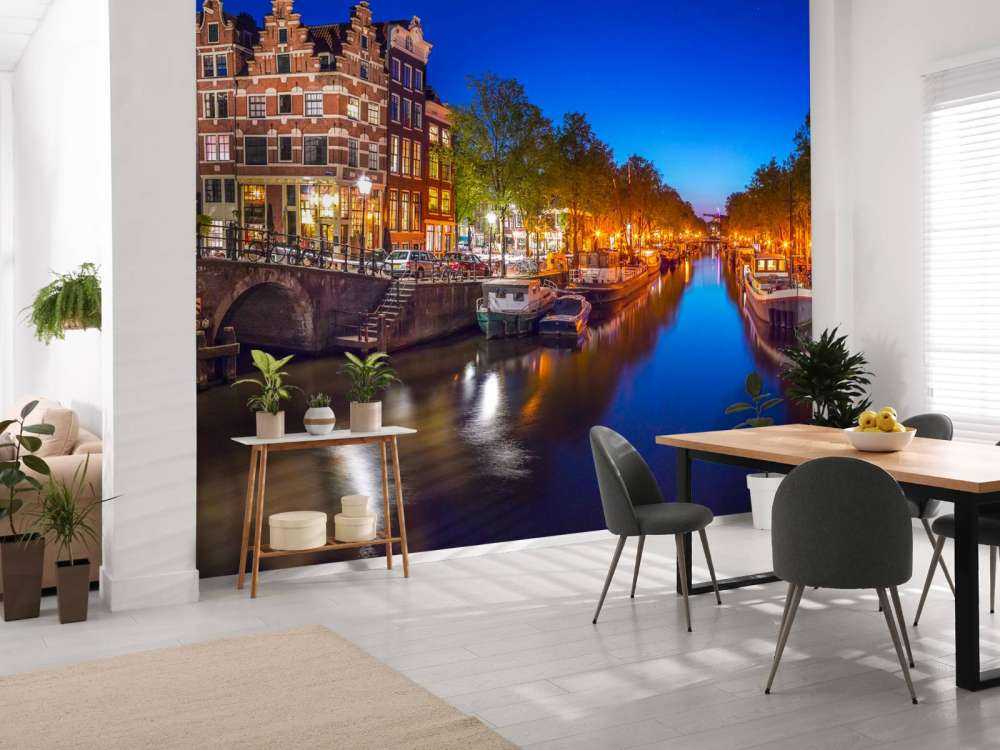 Evening view of Amsterdam city and canals