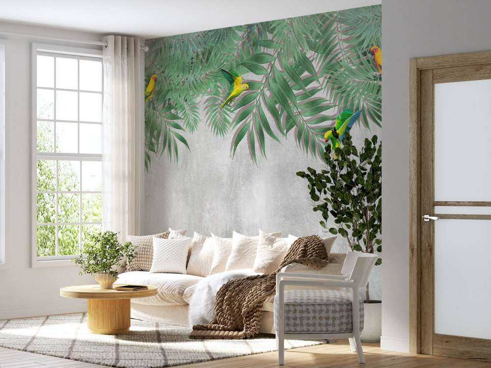 Hojas tropicales y periquitos