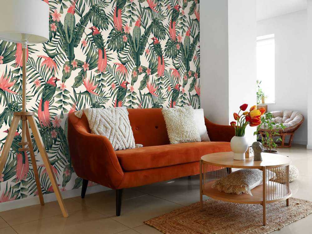 Piante tropicali, fiori e uccelli