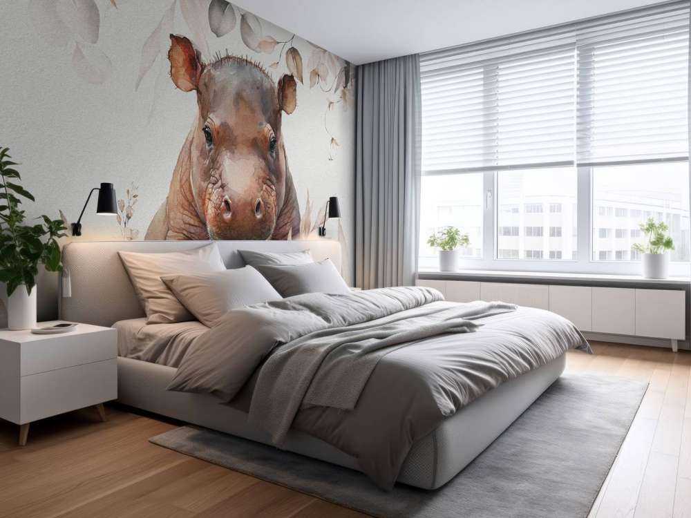 Baby ippopotamo tra le foglie taupe