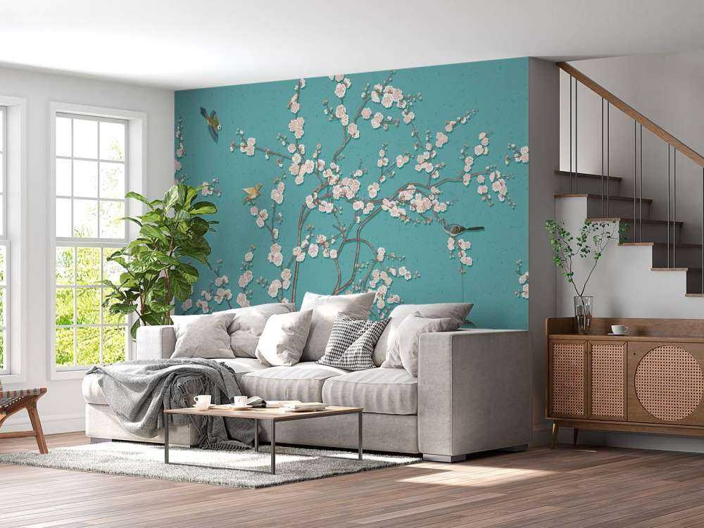 Árbol en flor dibujado con pájaros