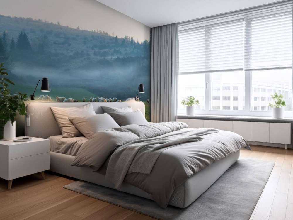 Gregge di pecore con paesaggio nebbioso