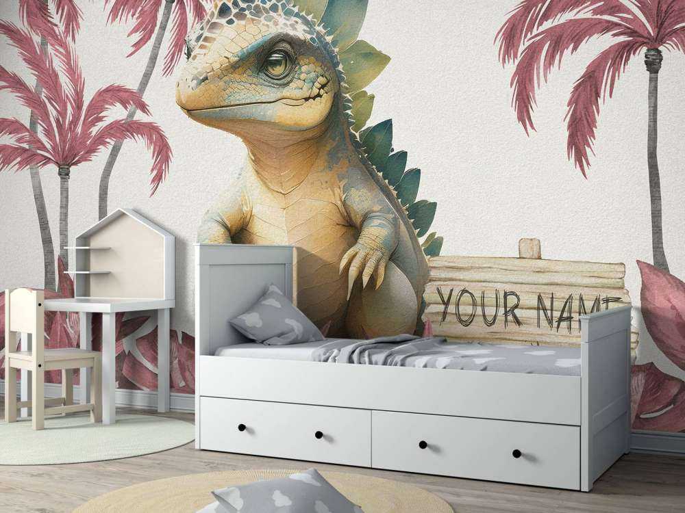 Baby stegosaurus nella giungla rosa