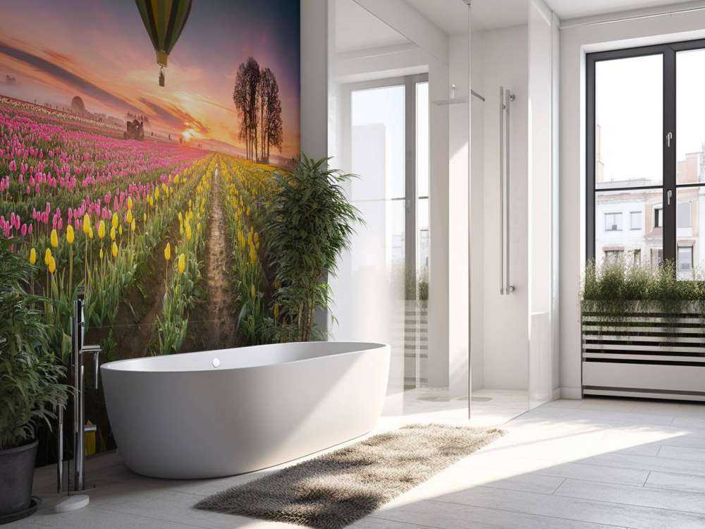 Campo di tulipani rosa e gialli