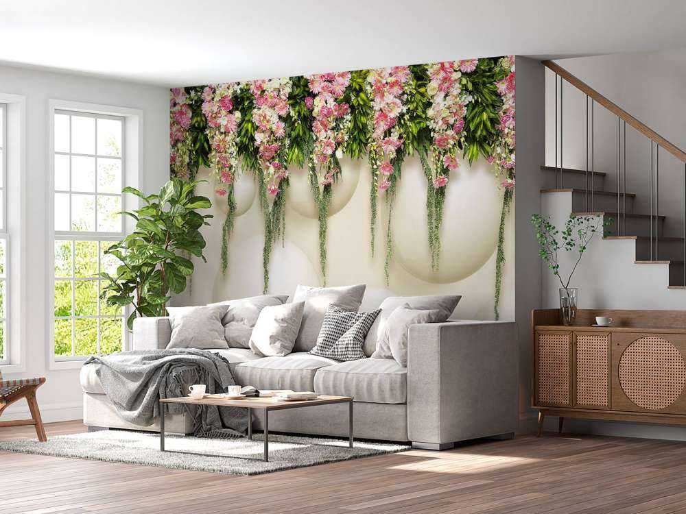 Colgando flores rosas en la pared 3D