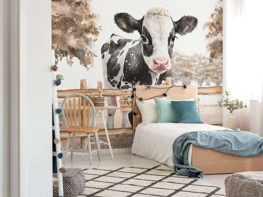 Giovane mucca in un prato grigio