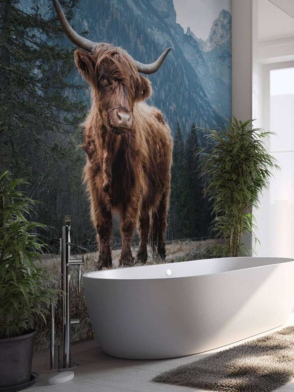 Highlander scozzese tra gli alberi