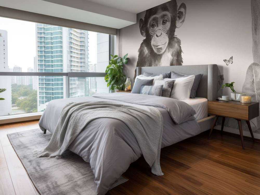 Baby scimpanzé nella giungla beige