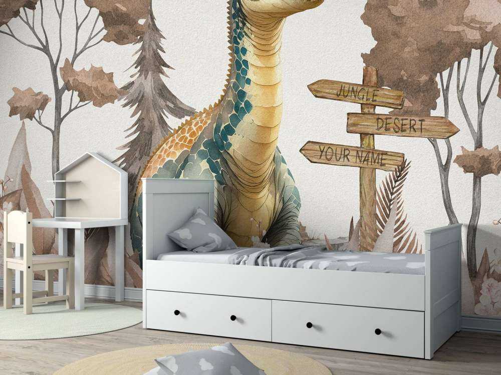 Baby brachiosaurus nella giungla taupe