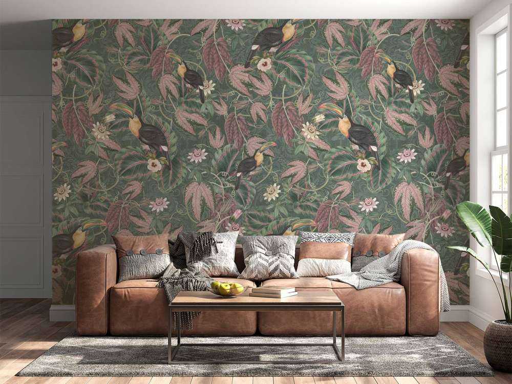 Uccelli e tucani della giungla tropicale - verde scuro