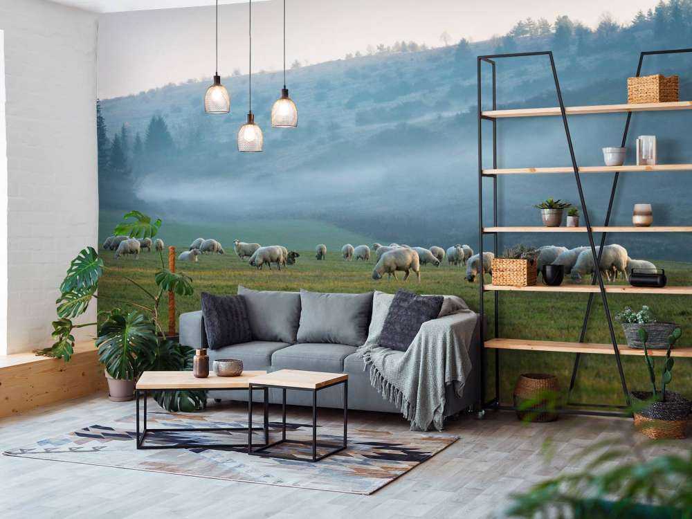 Gregge di pecore con paesaggio nebbioso