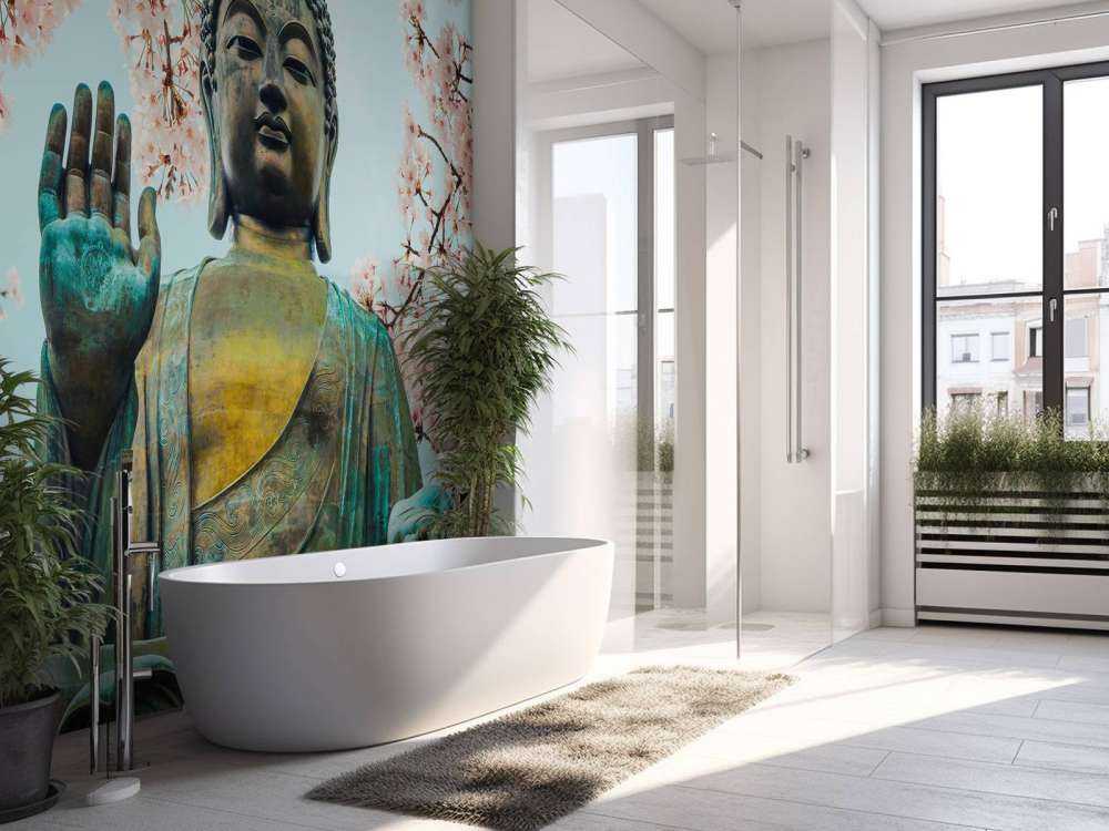 Buddha circondato da fiori di ciliegio