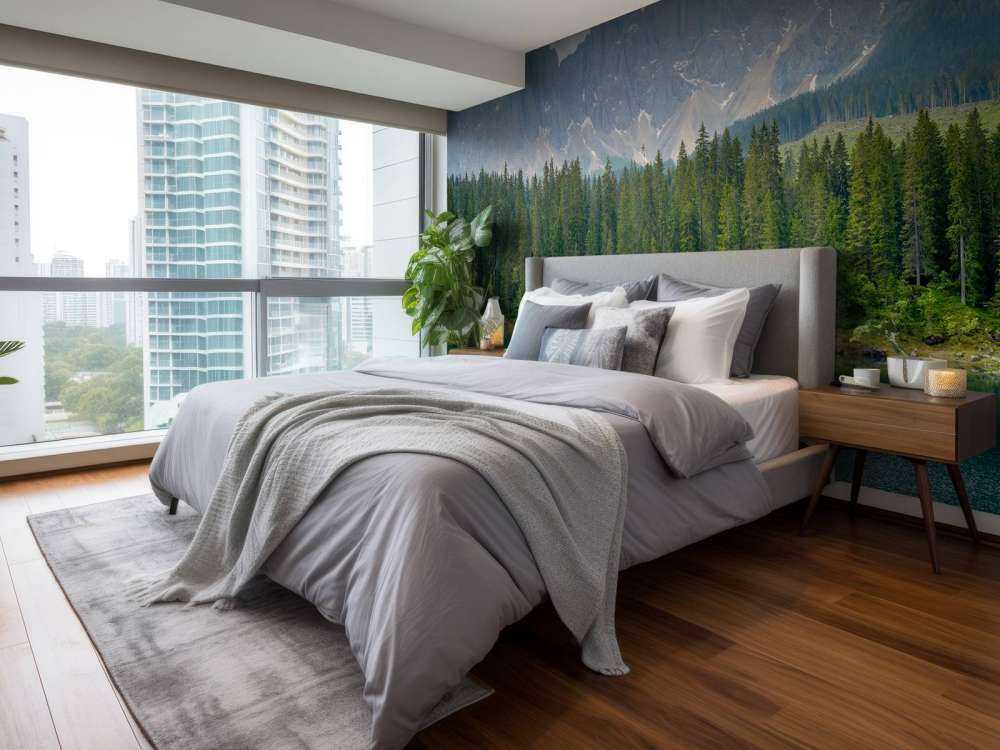 Filare di alberi vicino a un lago di montagna