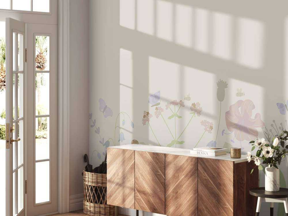 Campo di fiori con farfalle beige, rosa antico, verde e lilla