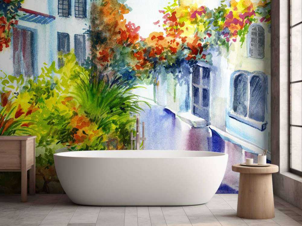 Fiori ed edifici ad acquerello