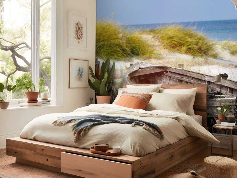 Vecchia barca da pesca, gabbiani, spiaggia e mare