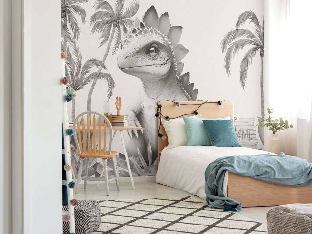 Baby stegosaurus nella giungla beige