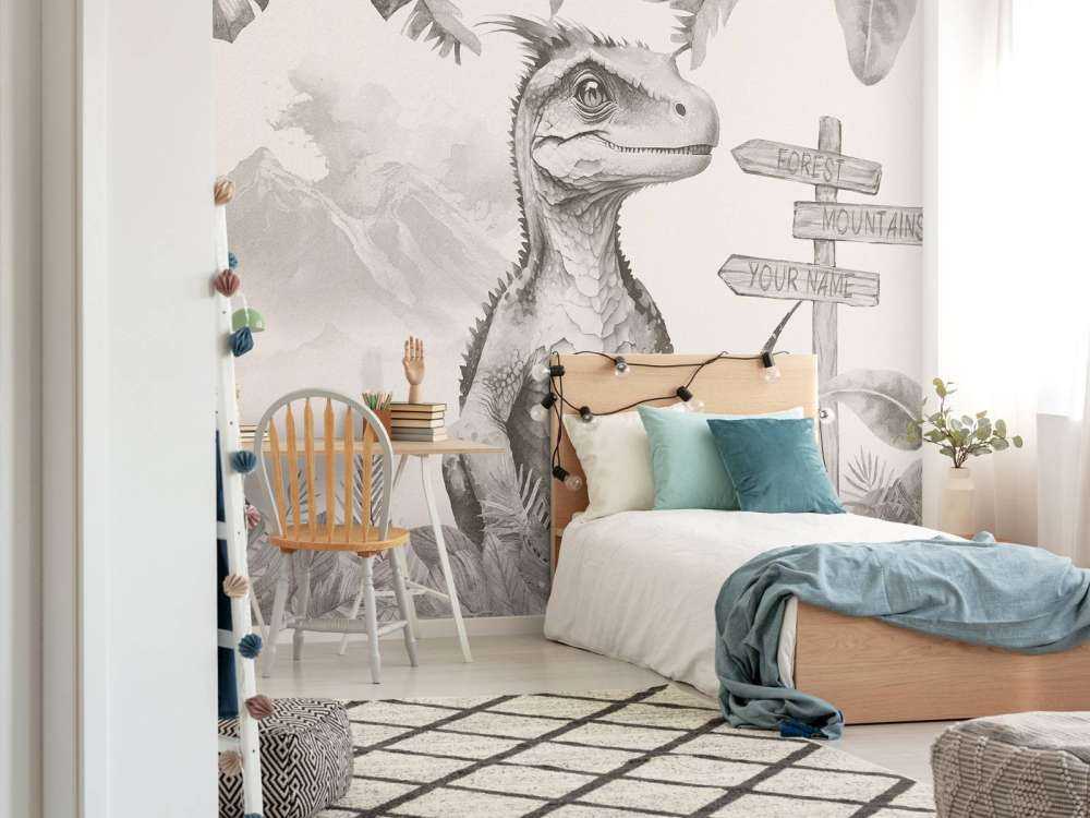 Baby velociraptor nella giungla beige