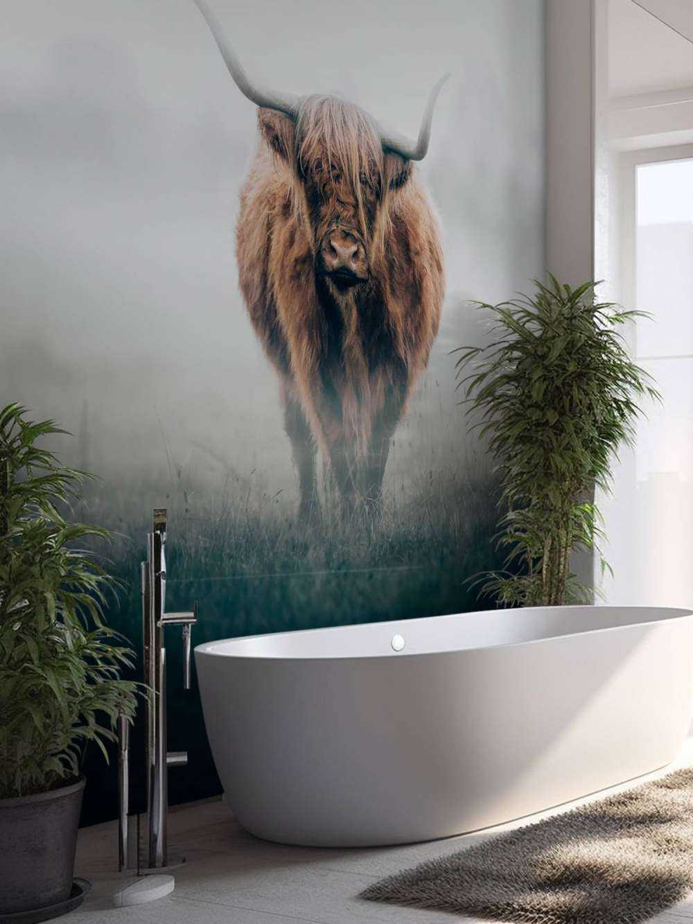 Highlander scozzese in una fitta nebbia