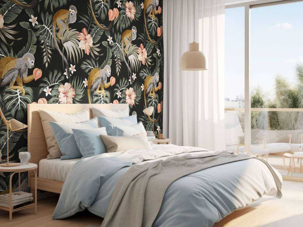 Foglie tropicali con le scimmie