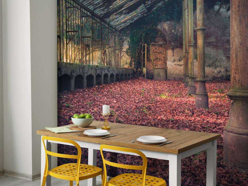 Casa abbandonata con foglie