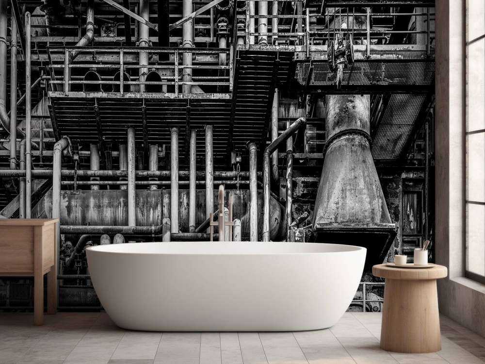 Vecchia fabbrica industriale in bianco e nero