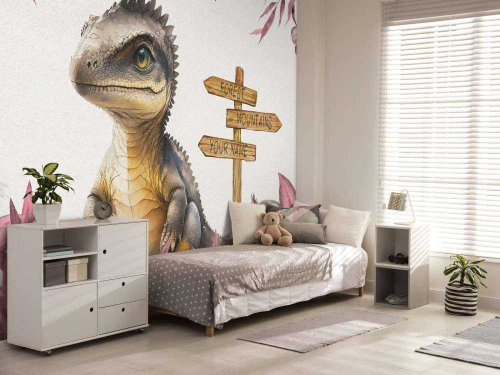 Baby spinosaurus nella giungla rosa