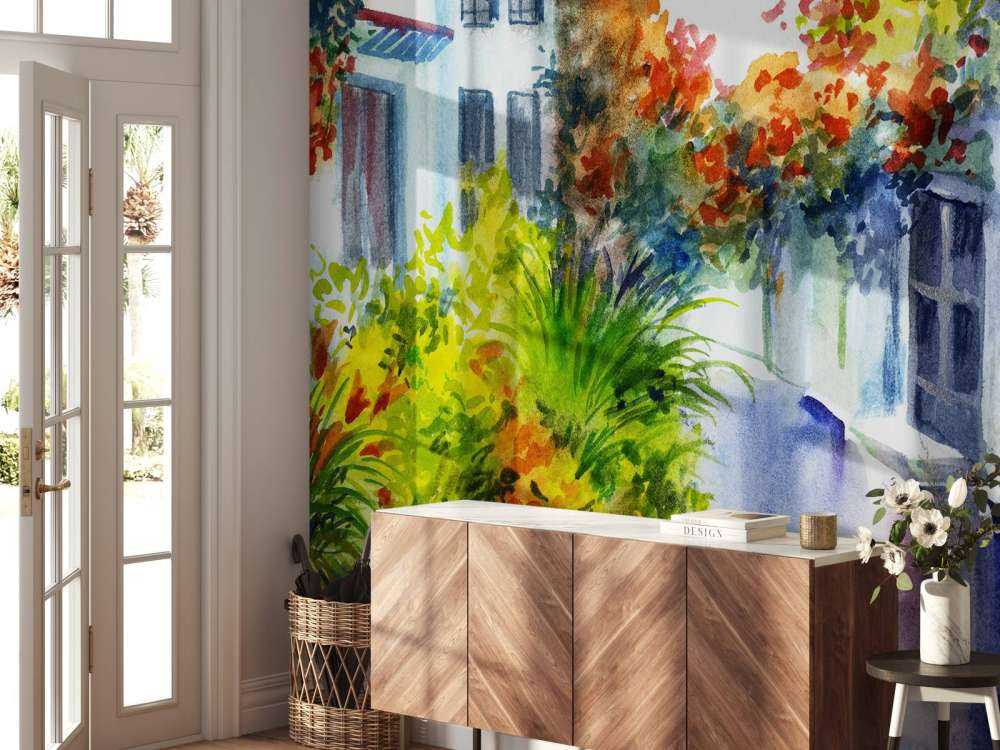 Fiori ed edifici ad acquerello