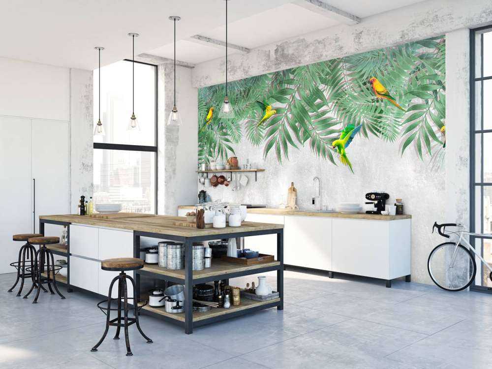 Hojas tropicales y periquitos