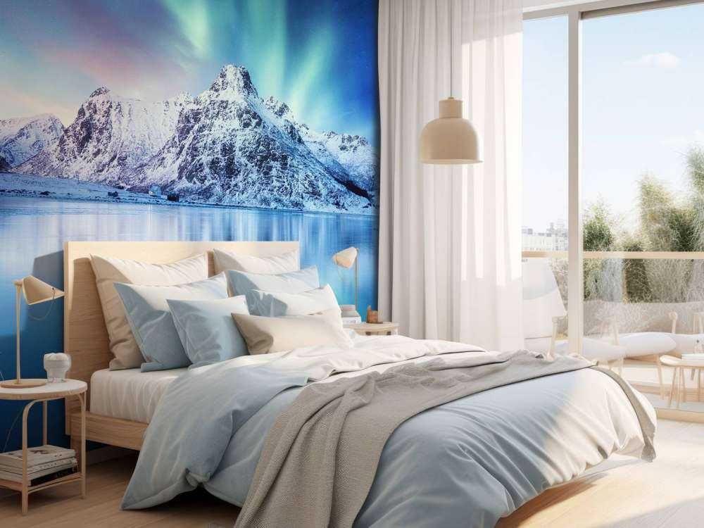 Aurora boreale su un oceano e montagne ghiacciate