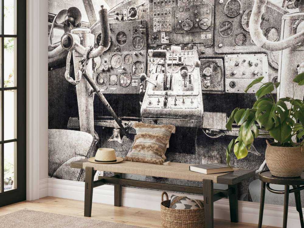 Cabina di pilotaggio di un aereo in seppia