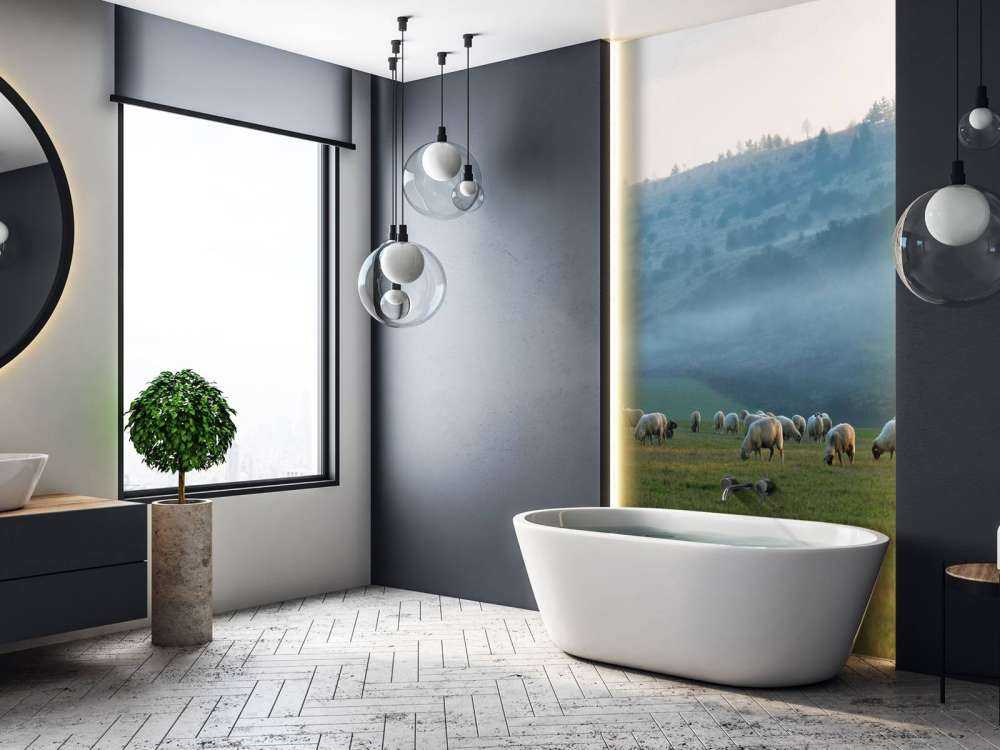 Gregge di pecore con paesaggio nebbioso