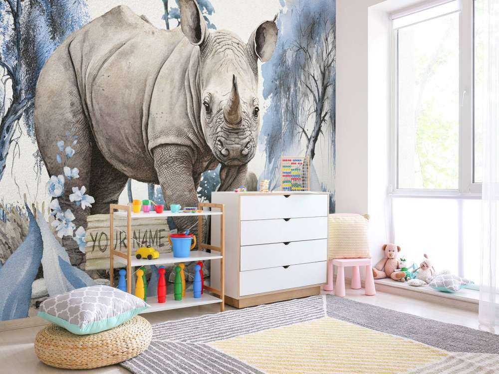 Baby rinoceronte nella savana blu