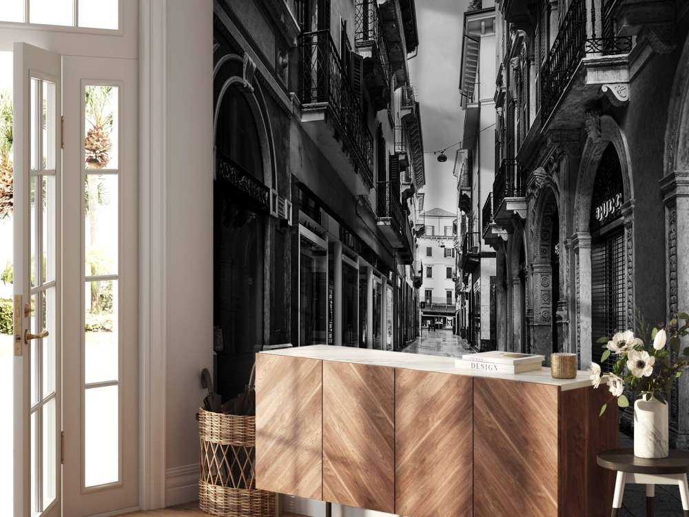 Strada dello shopping in bianco e nero