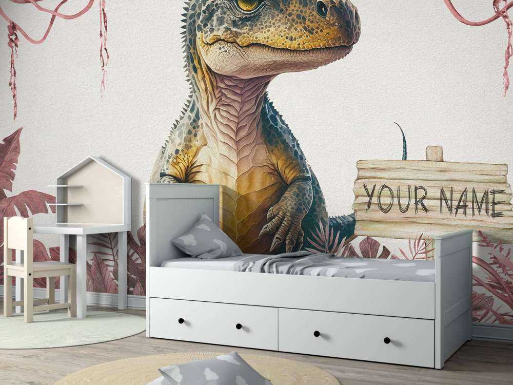 Baby t-rex nella giungla rosa