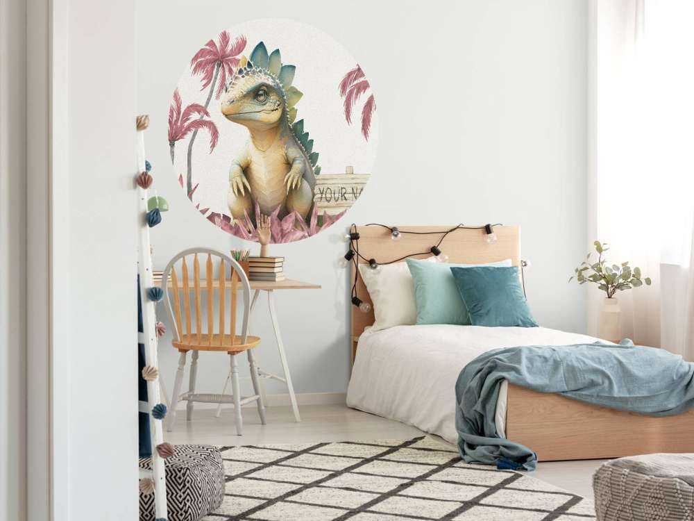 Baby stegosaurus nella giungla rosa