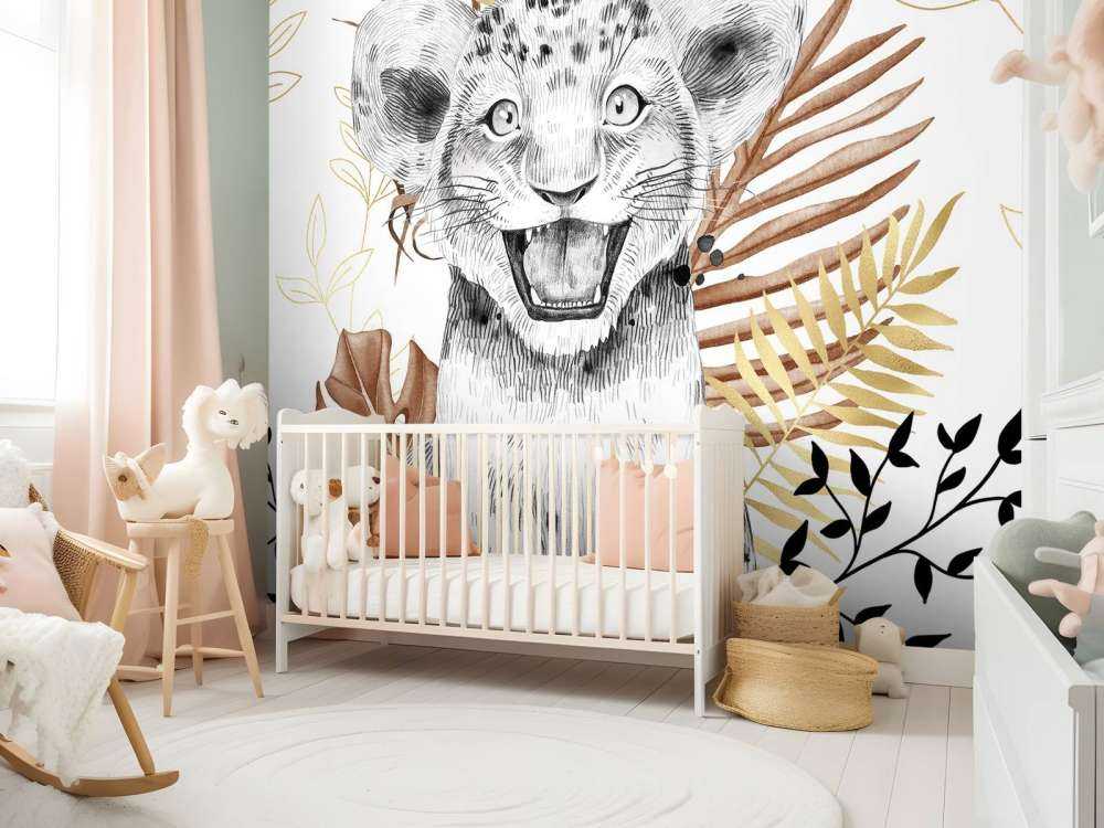 Cucciolo di leone marrone e con foglie d'oro