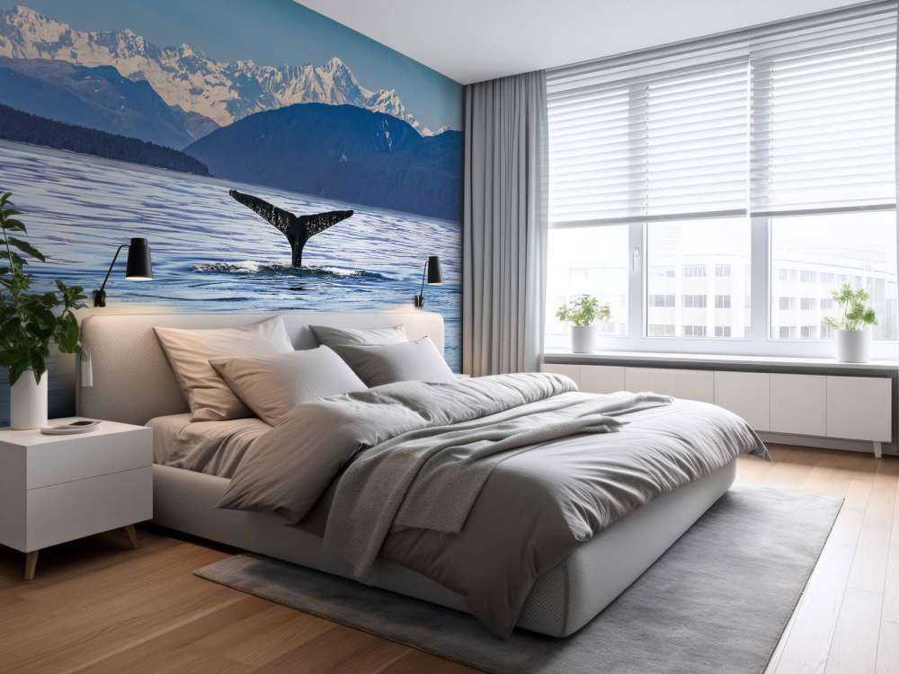 Immersione di balene con le montagne sullo sfondo