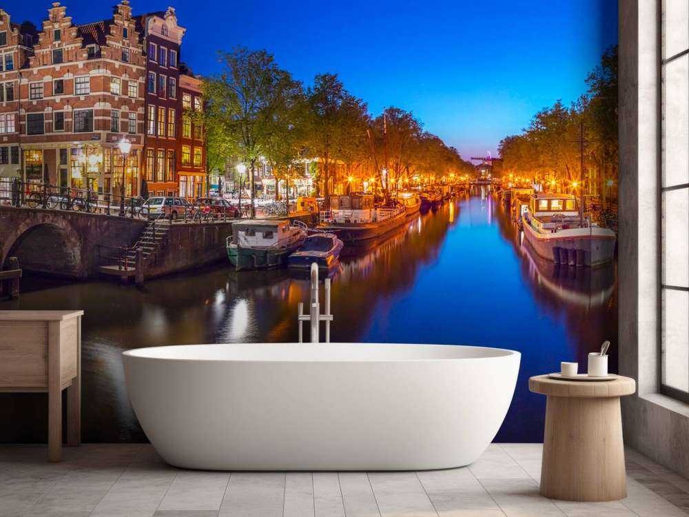 Evening view of Amsterdam city and canals