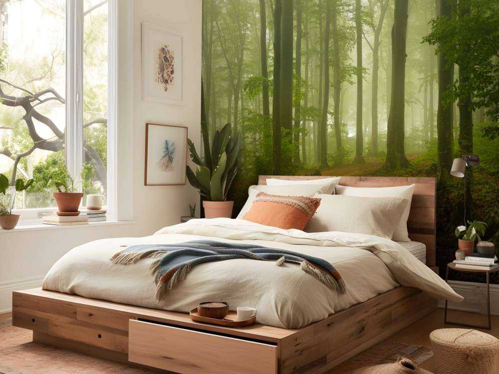 Sentiero attraverso la foresta verde nebbioso