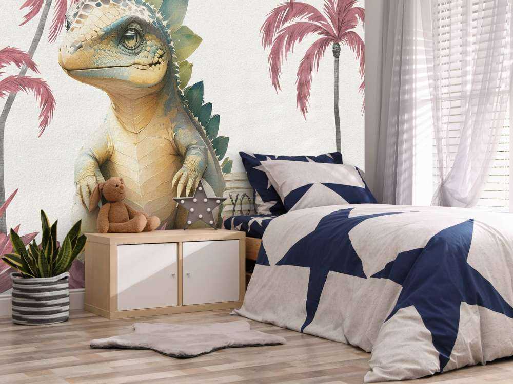 Baby stegosaurus nella giungla rosa