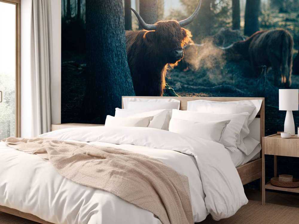 Highlander scozzese nella luce del mattino