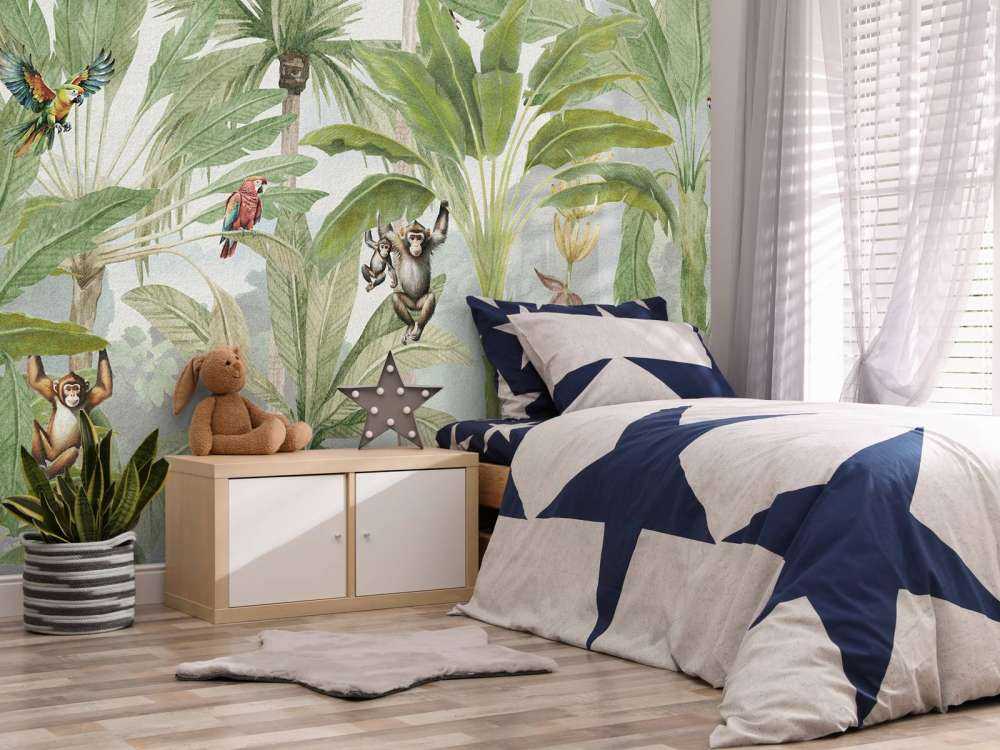 Giungla con scimmie e pappagalli a colori